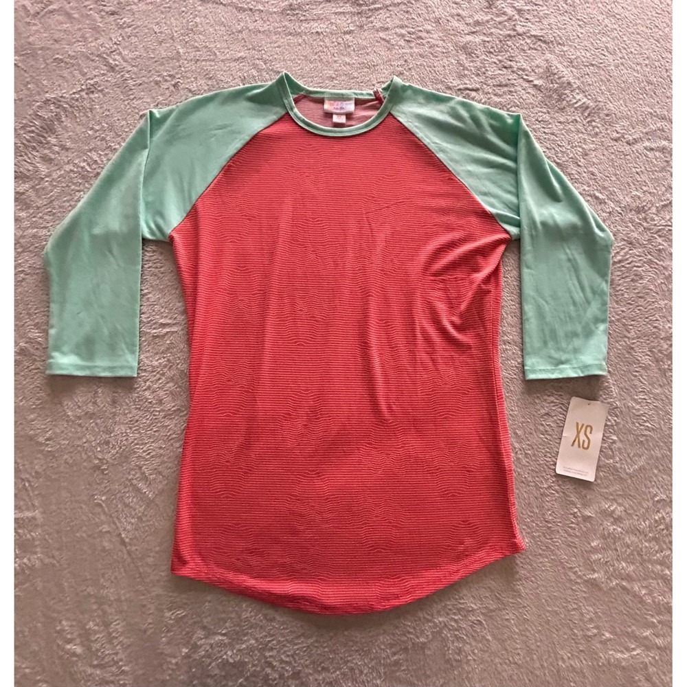LuLaRoe Disney Randy Baseball Tee Coral Pink Mint Green Wavy Stripe XS New - Picture 3 of 9